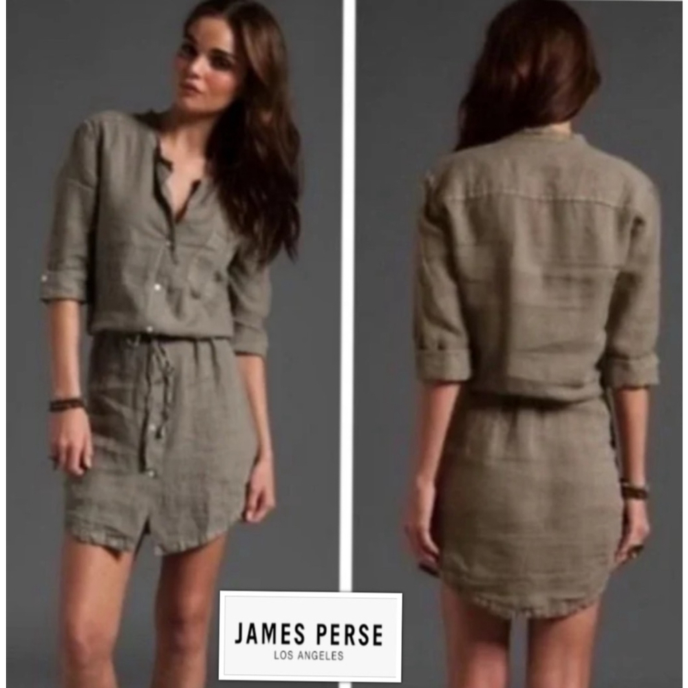 James Perse Heritage Army Green 100% Linen Classicore Button up Shirt Dress SM